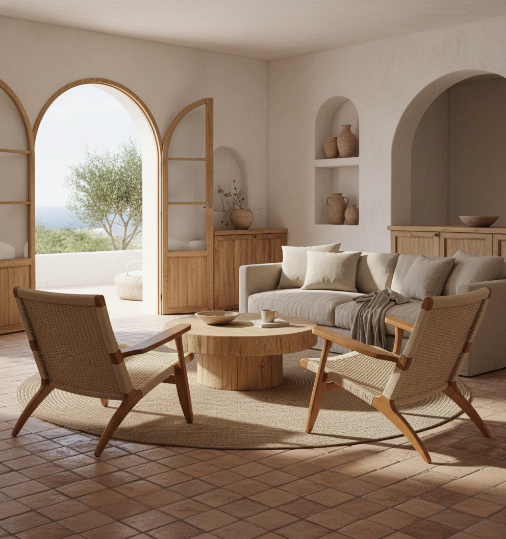 Chaise en rotin tissée façon corde.