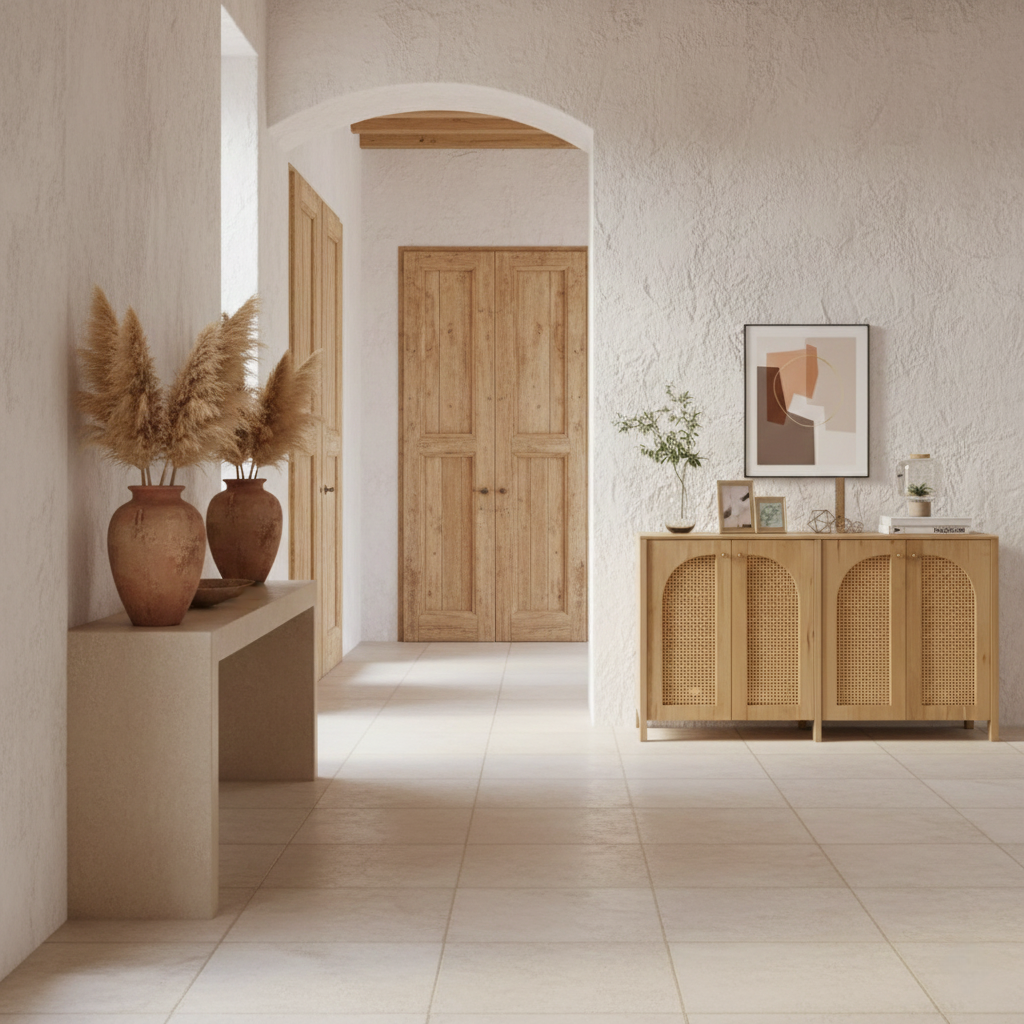 Buffet enfilade moderne en bois clair doté de 4 portes avec façades en cannage de rotin tressé et design en arches.