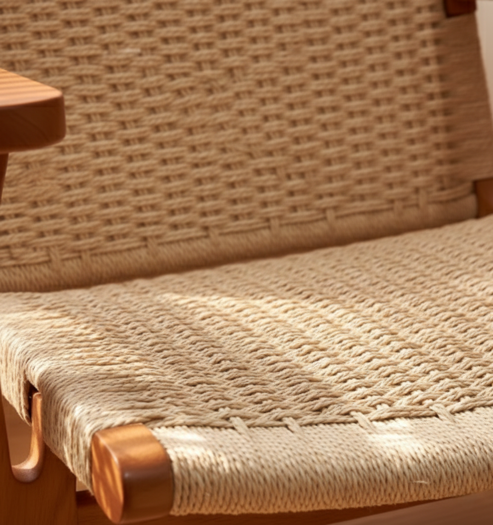 Chaise en rotin tissée façon corde.