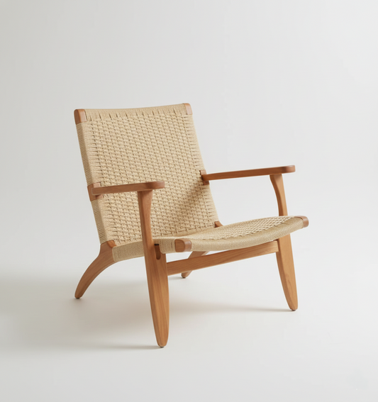 Chaise en rotin tissée façon corde.