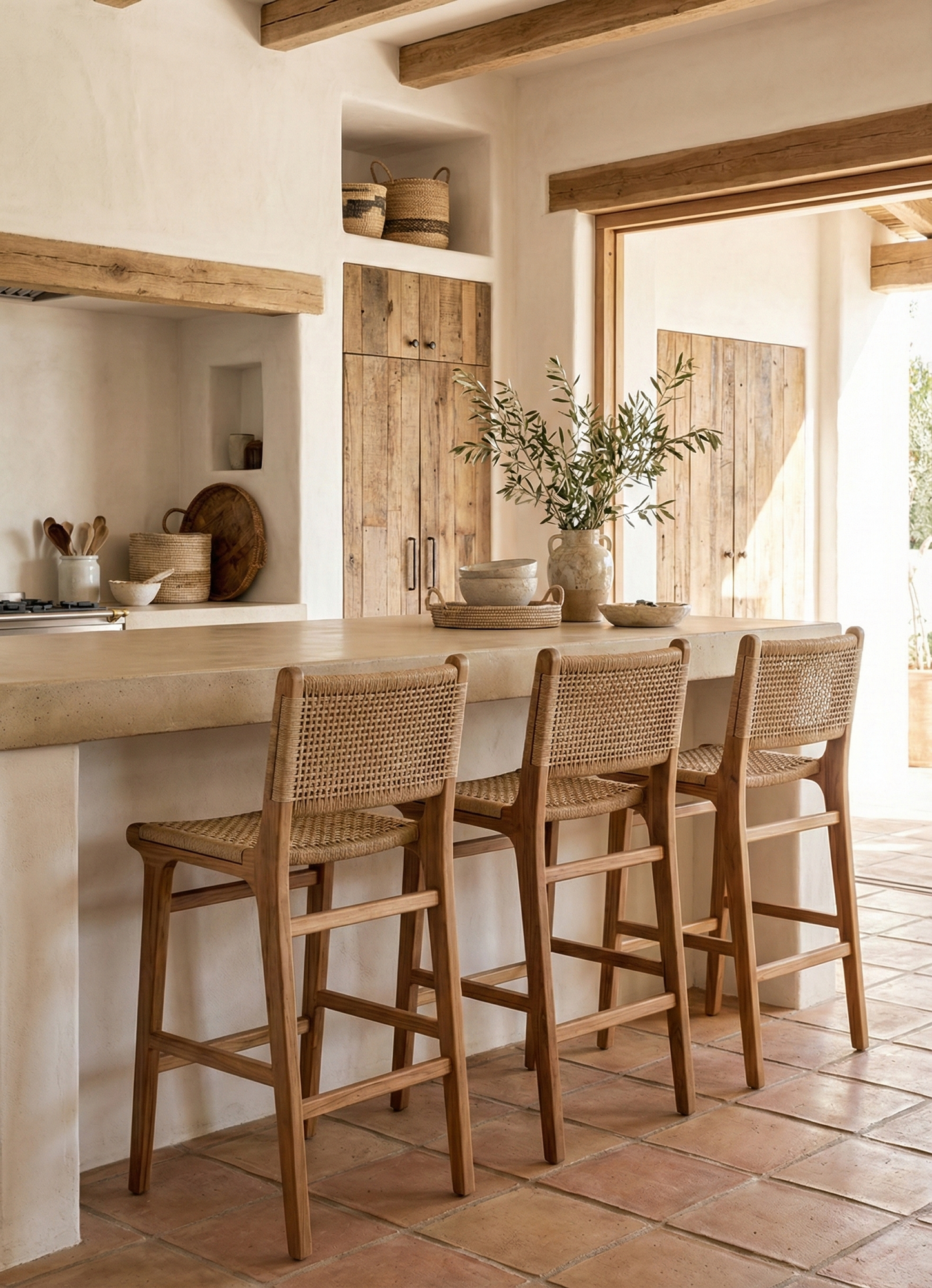 Chaises de bar en bois massif & rotin