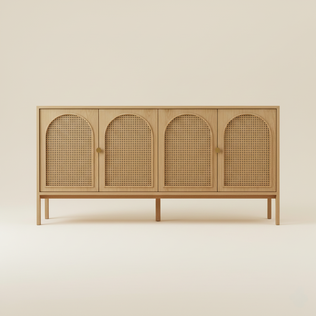 Grand buffet bas style bohème chic minimaliste alliant structure aspect chêne naturel et détails en rotin